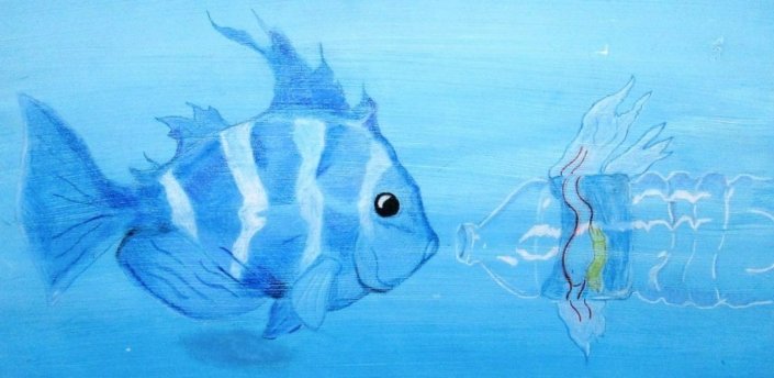 young artists blue art painting of a fish and plastic bottle symbolising the environmental crisis of the ocean