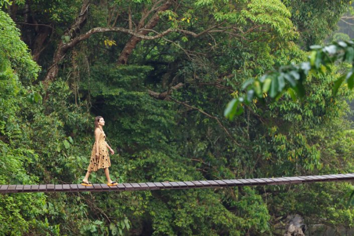 Agroforesa young woman walking bridge in agroforestry solutions farm