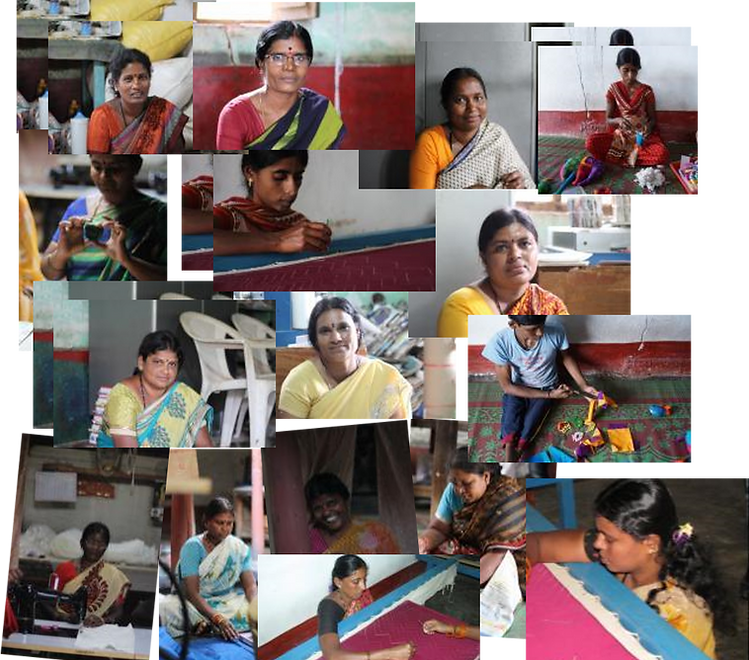 Mosaic photomontage of sixteen artisan women who are part of the Hosa Belaku Artisans' Foundation in the the Kanakpura District of the Karnataka state in India.