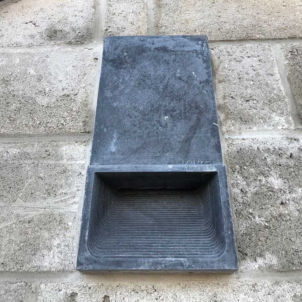 The entrance of a Bat Block. It is a concrete block that is retrofitted into an existing wall to allow bats to roost 