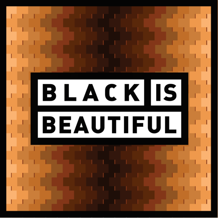 The words Black is Beautiful printed against an interlocking geometrical mosaic of different shades of black and brown tiles
